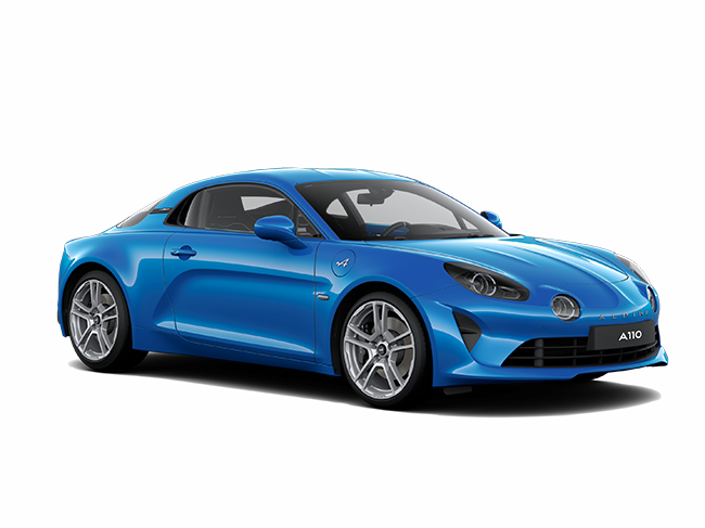 Blaues Sportcoupé A110 mit eleganten Linien und modernen Felgen vor schwarzem Hintergrund.